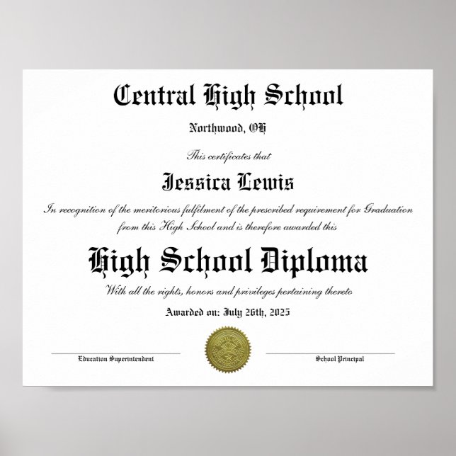  High School Graduation Graduate Diploma Poster (Front)