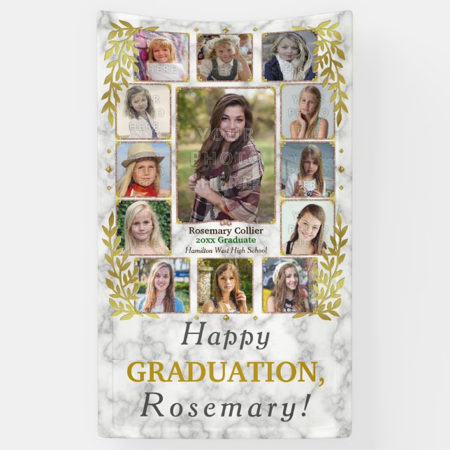 High School Graduation Party Photo Collage Marble Banner (Vertical)