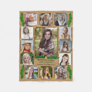 High School Graduation Photo Collage   Burlap Fern Fleece Blanket