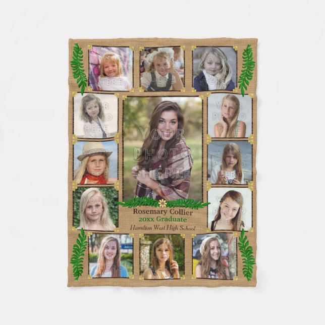 High School Graduation Photo Collage | Burlap Fern Fleece Blanket (Front)