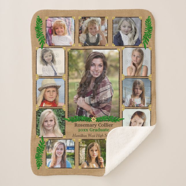 High School Graduation Photo Collage | Burlap Fern Sherpa Blanket (Front)