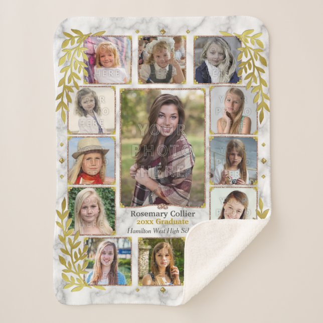 High School Graduation Photo Collage | Marble Gold Sherpa Blanket (Front)