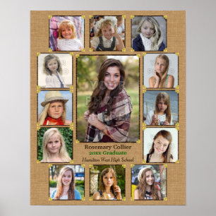 High School Graduation Photo Collage Rustic Burlap Poster