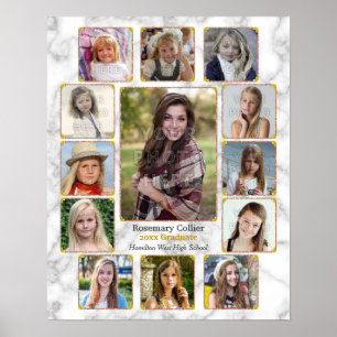 High School Graduation Photo Collage White Marble Poster