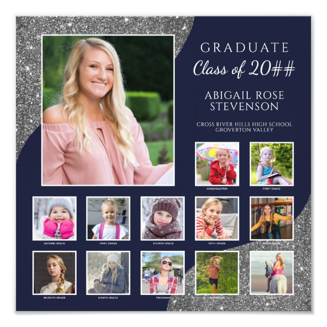 High School K-12 Photo Collage Blue Silver Glitter Print (Front)