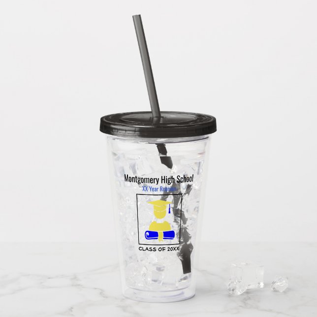 High School Reunion Custom Yellow and Blue Acrylic Tumbler (Front Ice)