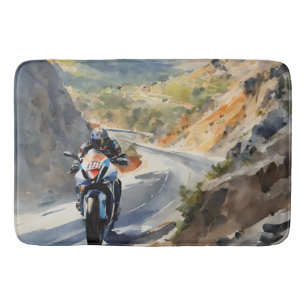 High-Speed Adventure in Vibrant Mountain Landscape Bath Mat