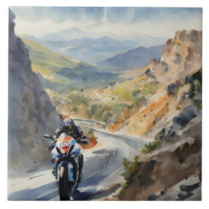 High-Speed Adventure in Vibrant Mountain Landscape Ceramic Tile