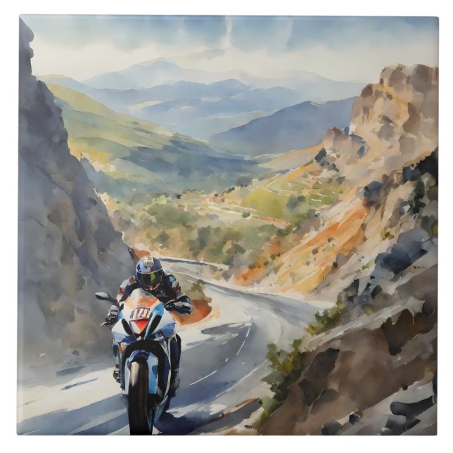 High-Speed Adventure in Vibrant Mountain Landscape Ceramic Tile (Front)