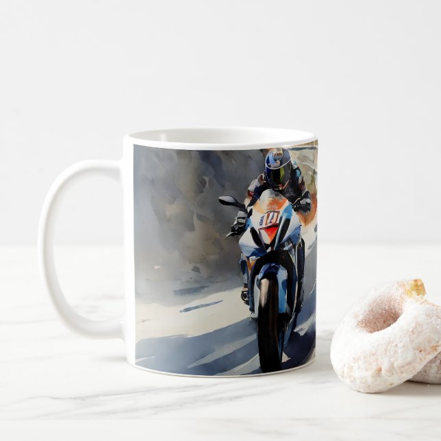 High-Speed Adventure in Vibrant Mountain Landscape Coffee Mug (With Donut)