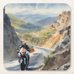 High-Speed Adventure in Vibrant Mountain Landscape Square Paper Coaster