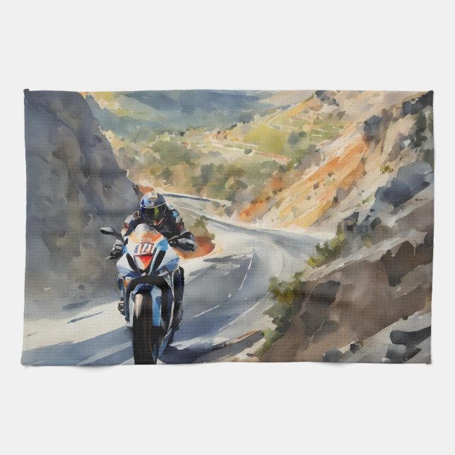 High-Speed Adventure in Vibrant Mountain Landscape Tea Towel (Horizontal)