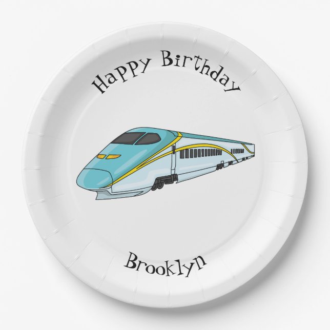 High speed bullet train cartoon illustration paper plate (Front)
