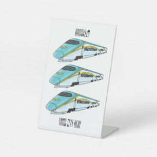 High speed bullet train cartoon illustration pedestal sign