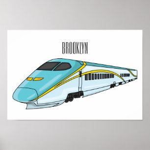High speed bullet train cartoon illustration poster