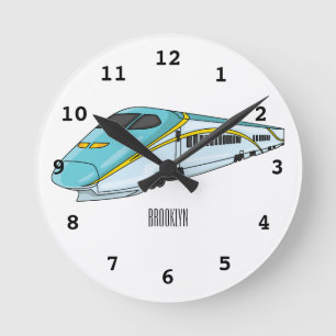 High speed bullet train cartoon illustration round clock