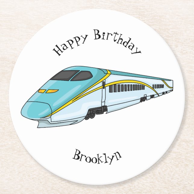 High speed bullet train cartoon illustration round paper coaster (Front)