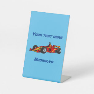 High speed racing cars cartoon illustration pedestal sign