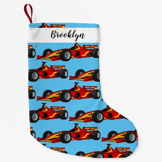 High speed racing cars cartoon illustration small christmas stocking (Front)