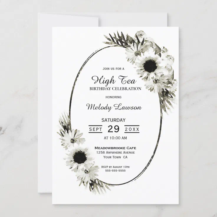 High Tea Black and White Floral Birthday Party Invitation | Zazzle