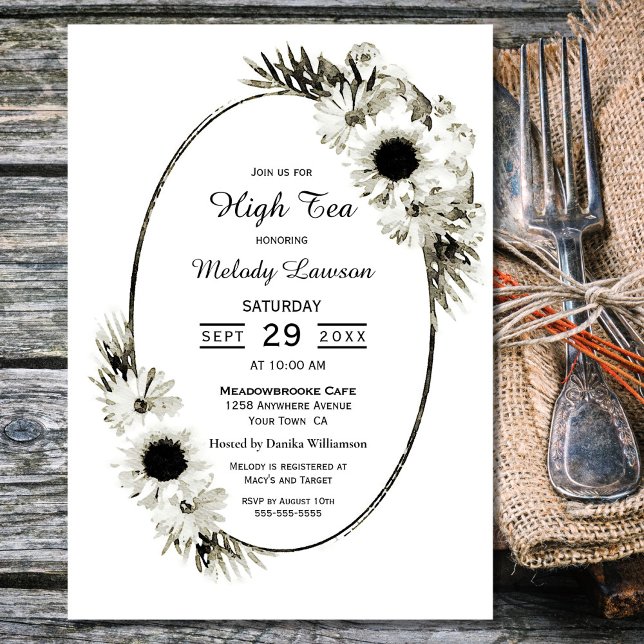 High Tea Bridal Shower Black and White Floral Invitation (Creator Uploaded)
