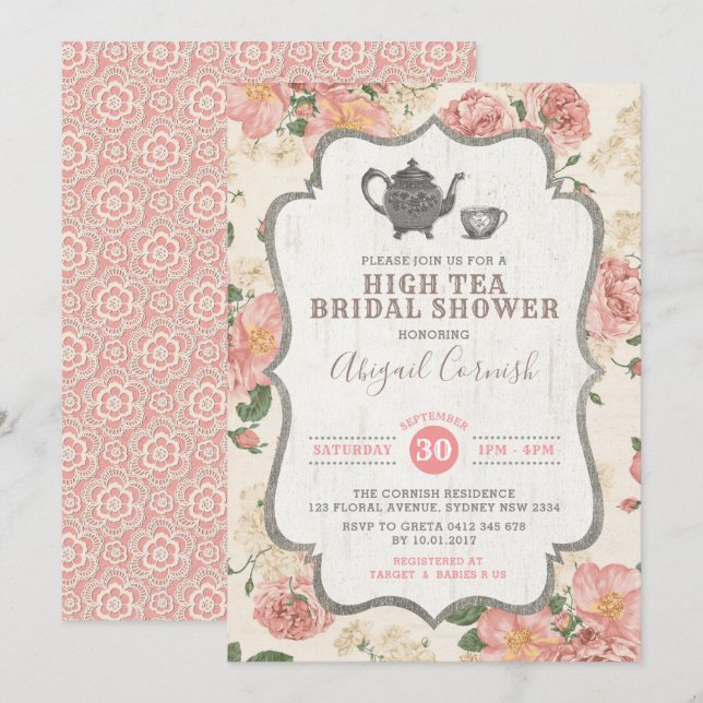 High Tea Bridal Shower Vintage Pink Floral Wedding Invitation (Front/Back)