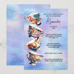 High tea party teacups vintage china floral bridal invitation