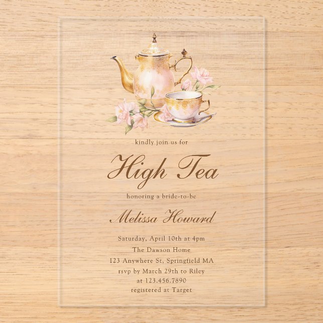 High Tea Pastel Gold Bridal Shower Acrylic Invitations (Front)