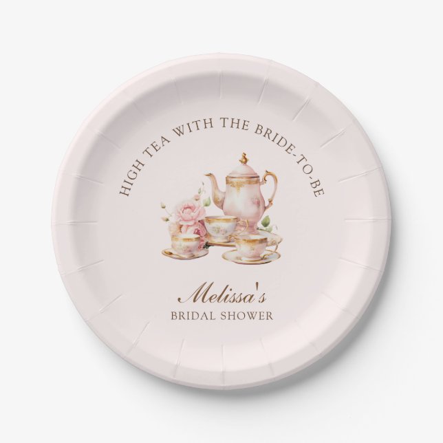 High Tea Pastel Pink Gold Bridal Shower Paper Plate (Front)