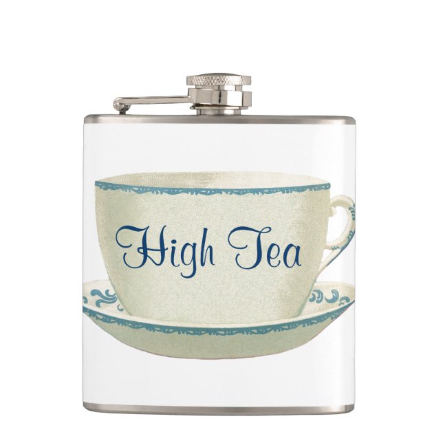 High Tea Time Blue Tea Cup Hip Flask (Front)