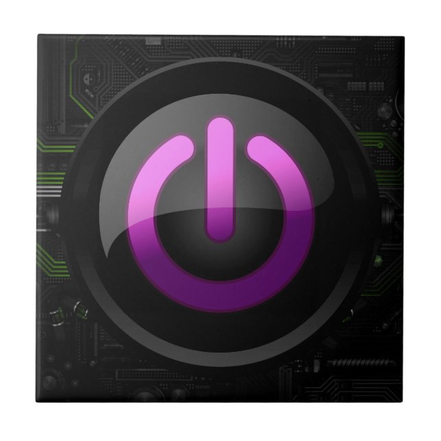 High-Tech Elegance: Purple Power Button Ceramic Tile (Front)
