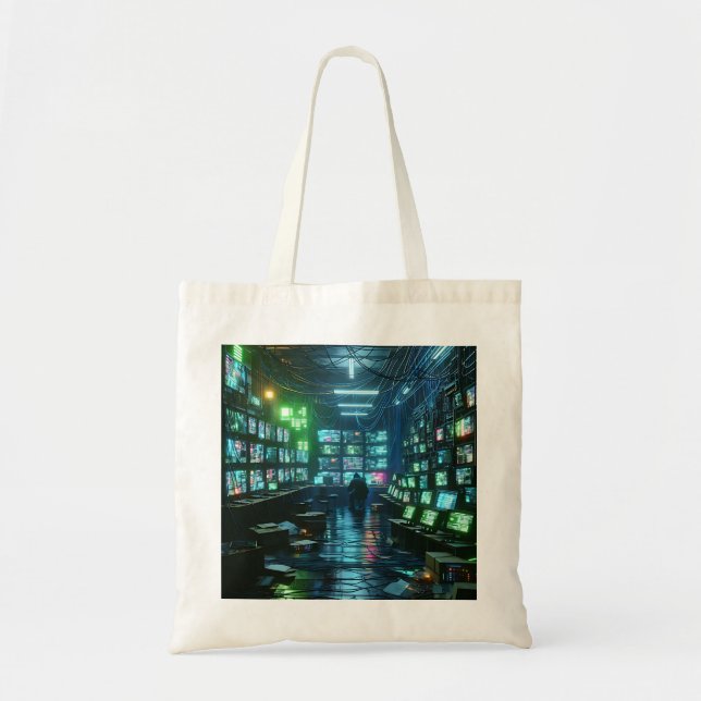 High-Tech Hacker’s Lair - Neon Green and Blue Tote Bag (Front)