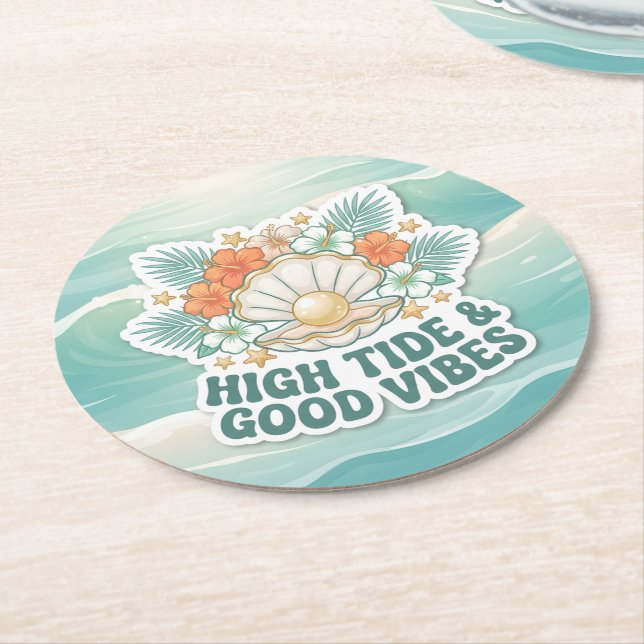 High Tide and Good Vibes Round Paper Coaster (Angled)