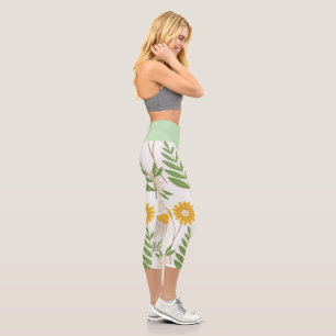 High Waisted Capri Green Floral  Leggings