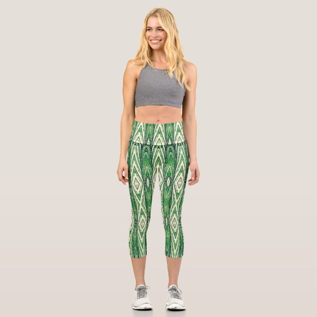 High Waisted Capris, Green texture fabric pattern  Capri Leggings (Front)