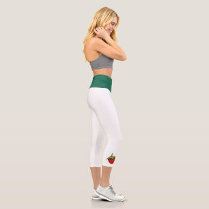 High Waisted Yoga Capris, Green Strawberry White Capri Leggings