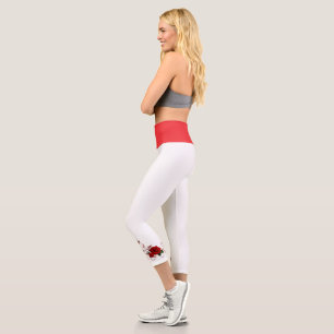 High Waisted Yoga Capris, Red Rose White Bottom Capri Leggings