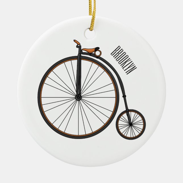 High wheel bicycle cartoon illustration ceramic ornament (Front)