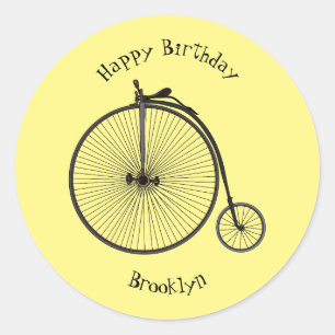 High wheel bicycle cartoon illustration classic round sticker