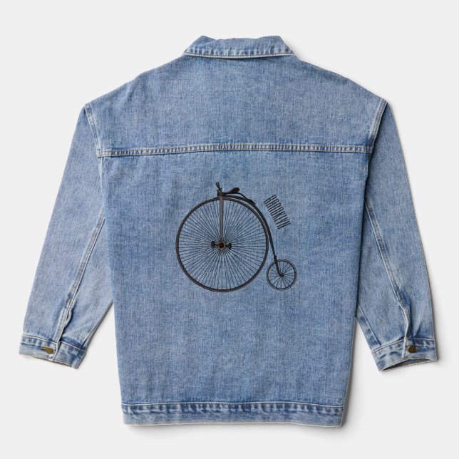 High wheel bicycle cartoon illustration denim jacket (Back)