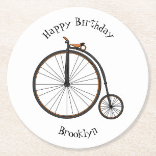 High wheel bicycle cartoon illustration round paper coaster