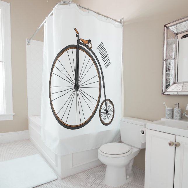 High wheel bicycle cartoon illustration shower curtain (In Situ)