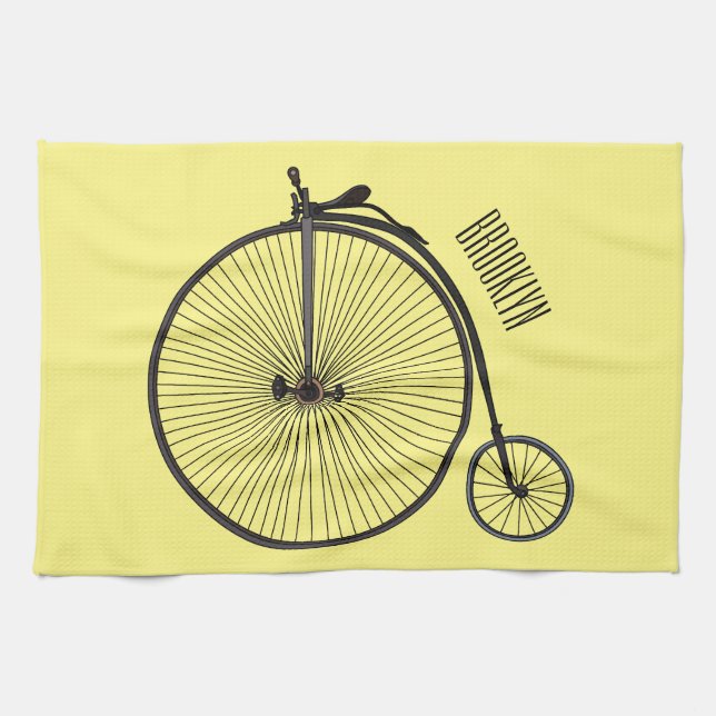 High wheel bicycle cartoon illustration tea towel (Horizontal)