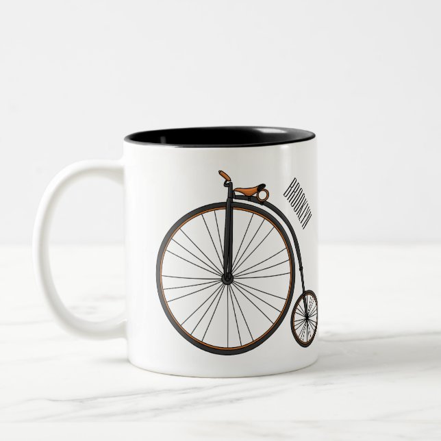 High wheel bicycle cartoon illustration Two-Tone coffee mug (Left)