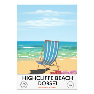Highcliffe Beach, Dorset vintage train poster