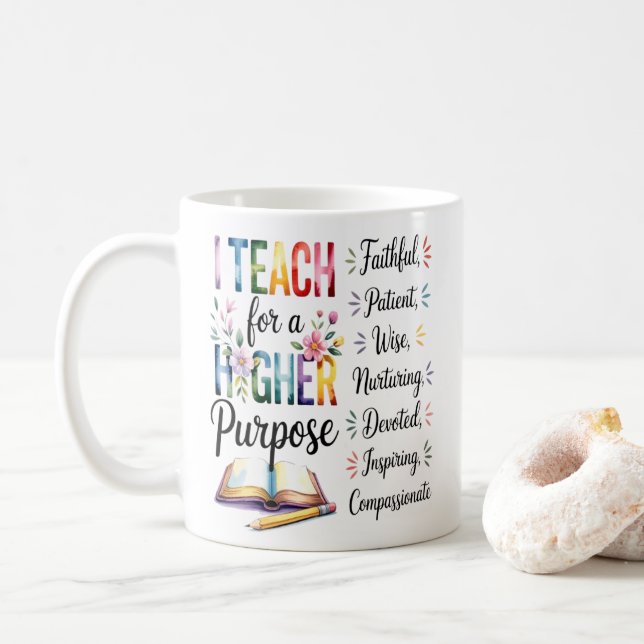 Higher Purpose Book Flowers Pencil Illustration Coffee Mug (With Donut)
