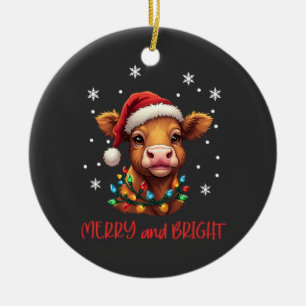 Highland Baby Cow Christmas Lights Ceramic Ornament