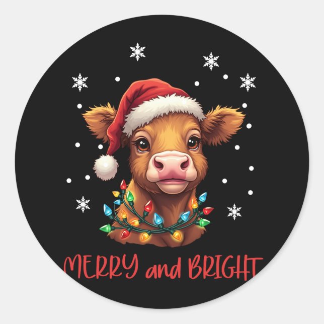 Highland Baby Cow Christmas Lights  Classic Round Sticker (Front)