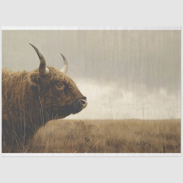 Highland Bull Landscape Vintage Painting Decoupage Tissue Paper (Front)