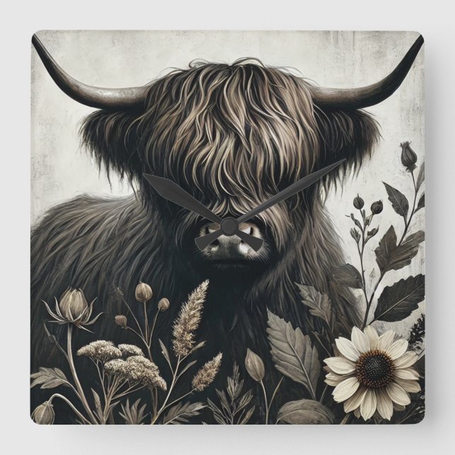 Highland Bull with Sunflower Square Wall Clock (Front)